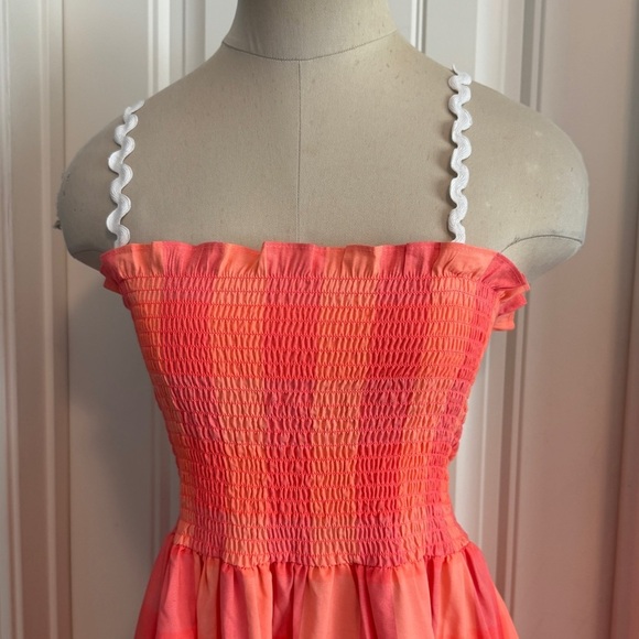 Sundress The Brand Large / XL Big Gingham Coral Smocked Rickrack DRESS Beach - Picture 3 of 9